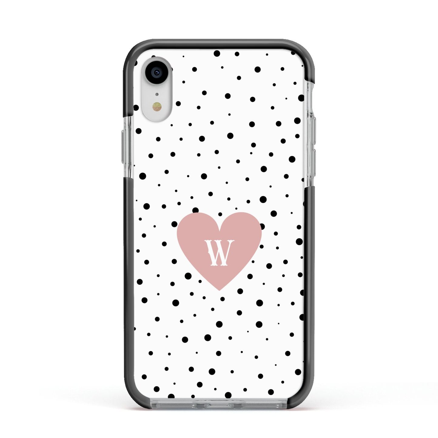 Dotted Pink Heart Personalised Apple iPhone XR Impact Case Black Edge on Silver Phone