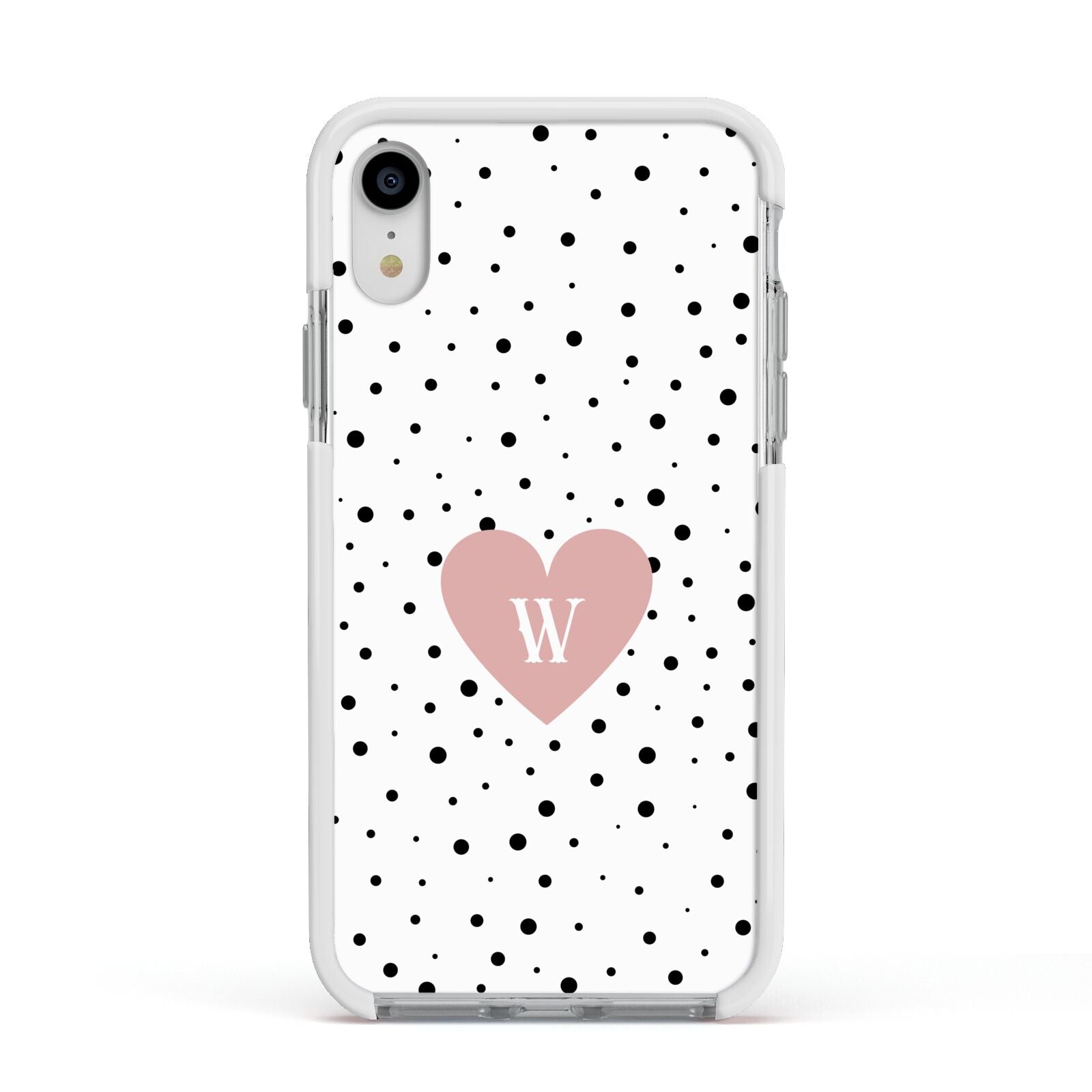 Dotted Pink Heart Personalised Apple iPhone XR Impact Case White Edge on Silver Phone