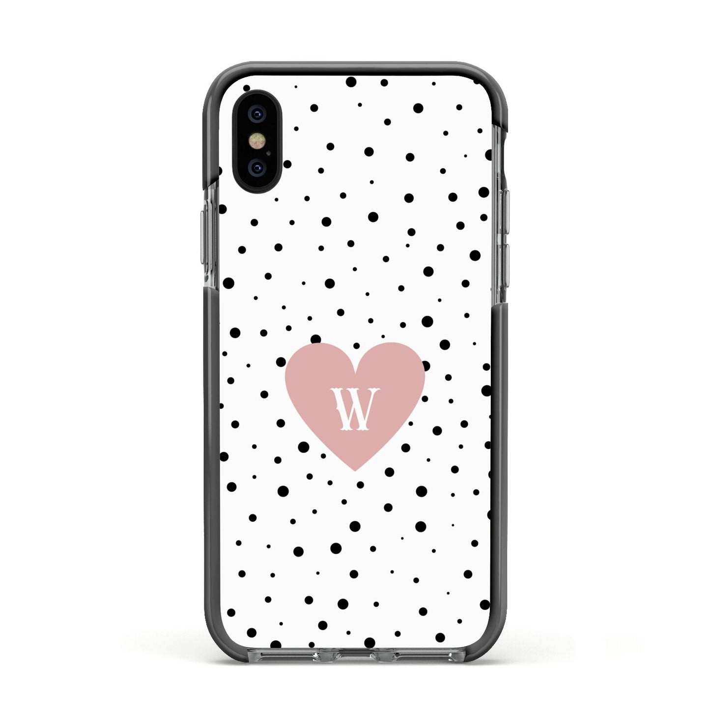 Dotted Pink Heart Personalised Apple iPhone Xs Impact Case Black Edge on Black Phone