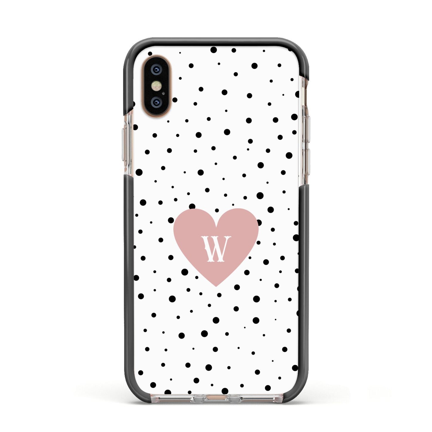 Dotted Pink Heart Personalised Apple iPhone Xs Impact Case Black Edge on Gold Phone