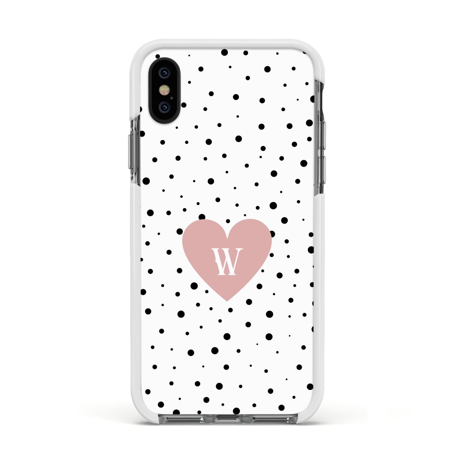 Dotted Pink Heart Personalised Apple iPhone Xs Impact Case White Edge on Black Phone