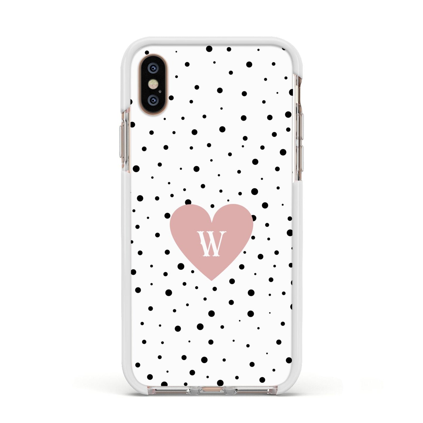 Dotted Pink Heart Personalised Apple iPhone Xs Impact Case White Edge on Gold Phone