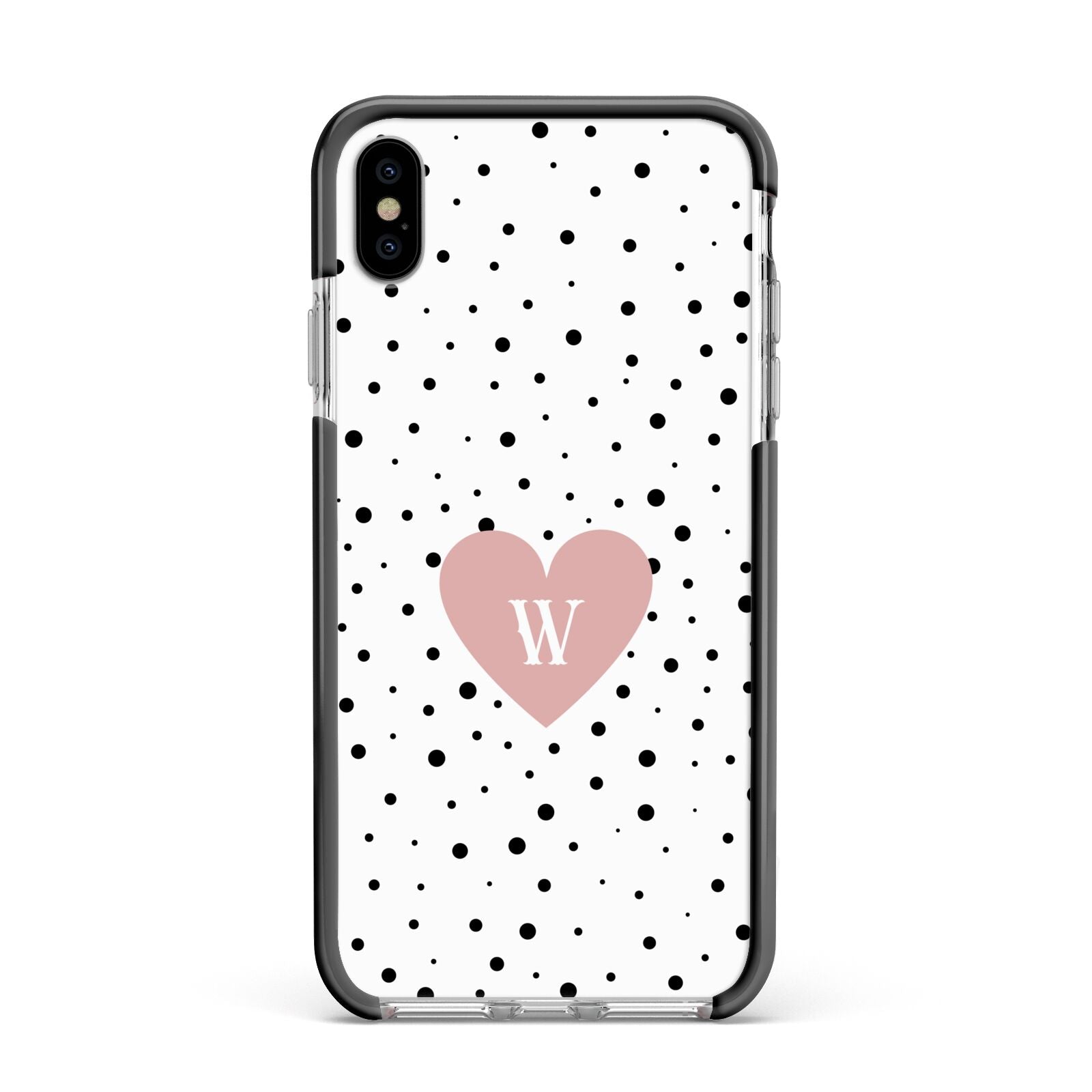 Dotted Pink Heart Personalised Apple iPhone Xs Max Impact Case Black Edge on Silver Phone
