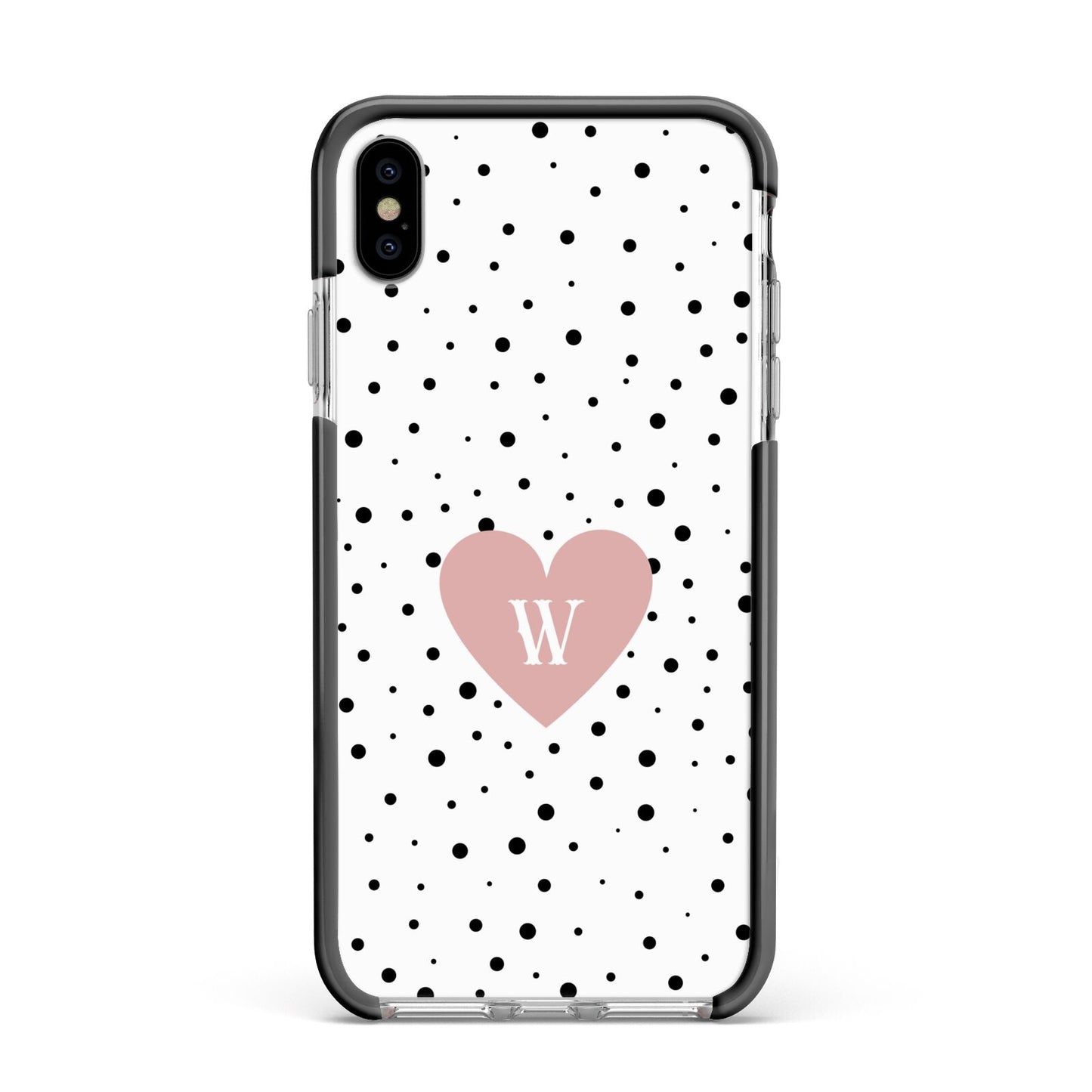 Dotted Pink Heart Personalised Apple iPhone Xs Max Impact Case Black Edge on Silver Phone