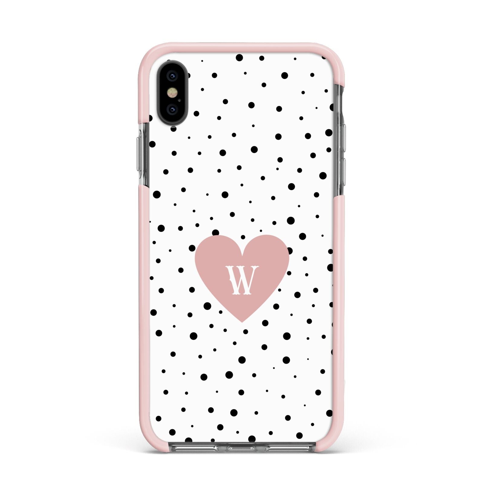 Dotted Pink Heart Personalised Apple iPhone Xs Max Impact Case Pink Edge on Black Phone