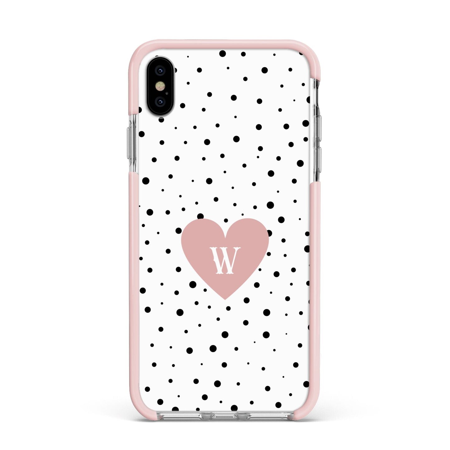 Dotted Pink Heart Personalised Apple iPhone Xs Max Impact Case Pink Edge on Silver Phone
