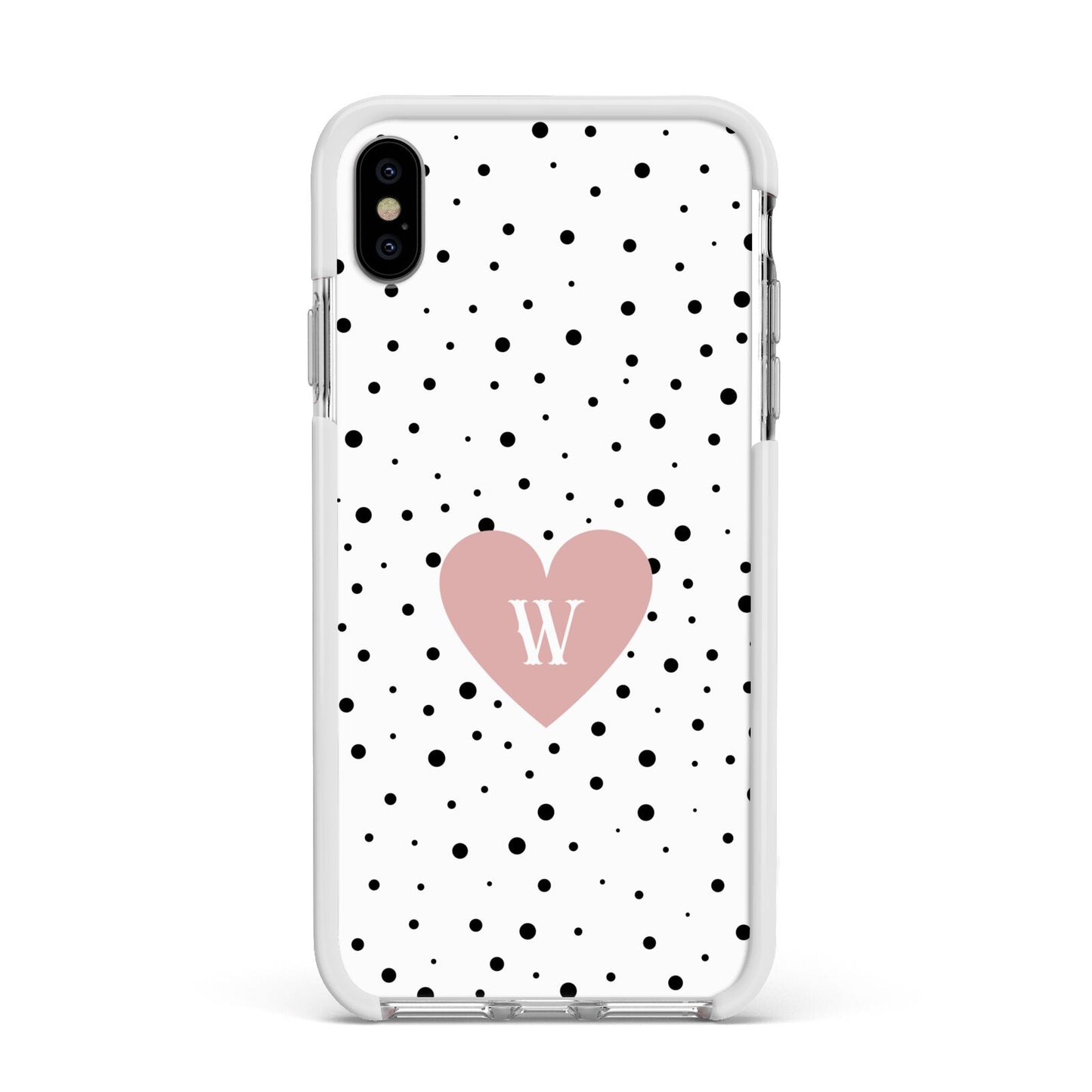 Dotted Pink Heart Personalised Apple iPhone Xs Max Impact Case White Edge on Silver Phone
