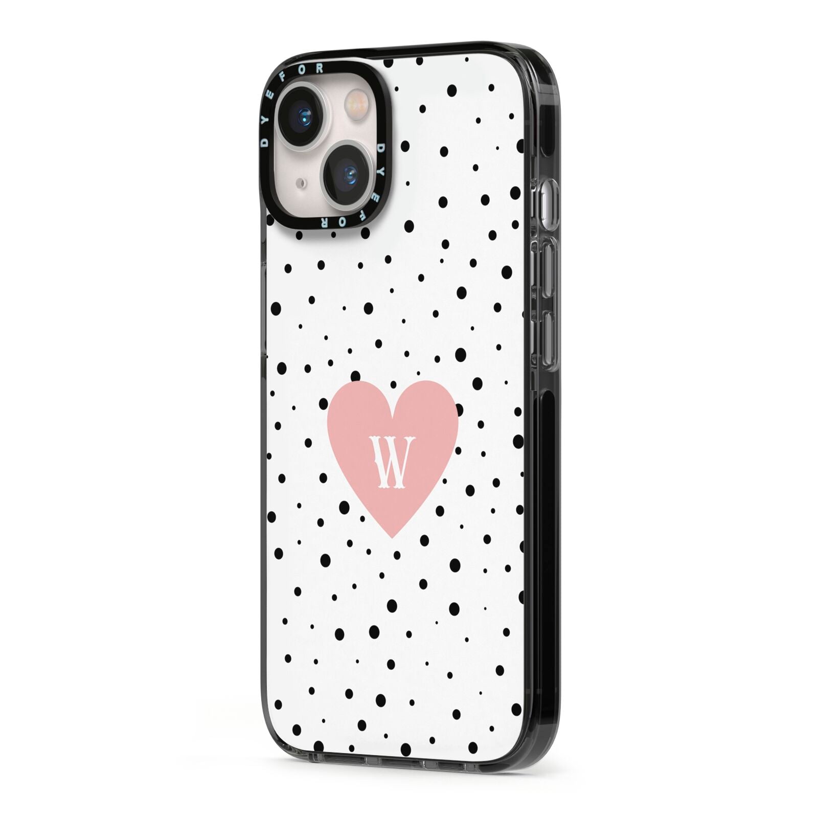 Dotted Pink Heart Personalised iPhone 13 Black Impact Case Side Angle on Silver phone
