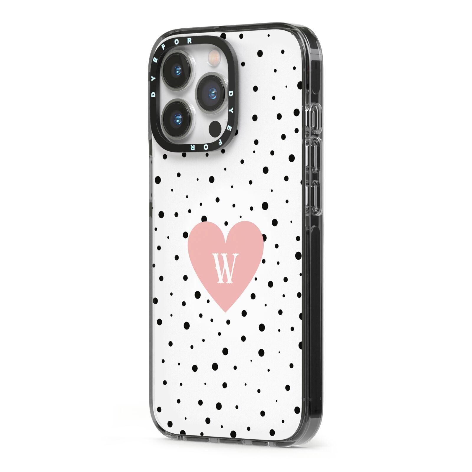 Dotted Pink Heart Personalised iPhone 13 Pro Black Impact Case Side Angle on Silver phone