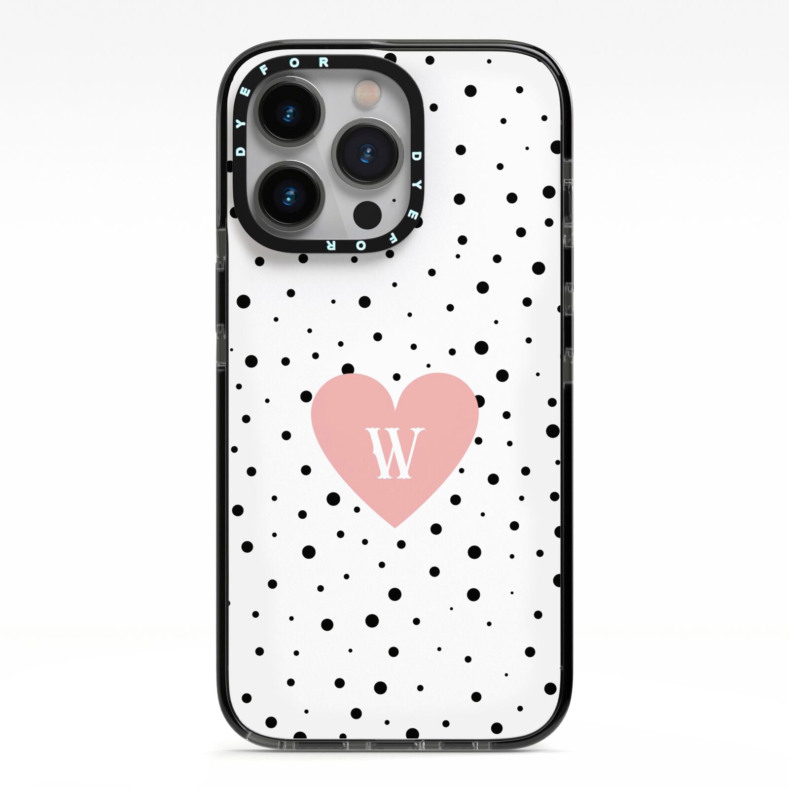 Dotted Pink Heart Personalised iPhone 13 Pro Black Impact Case on Silver phone