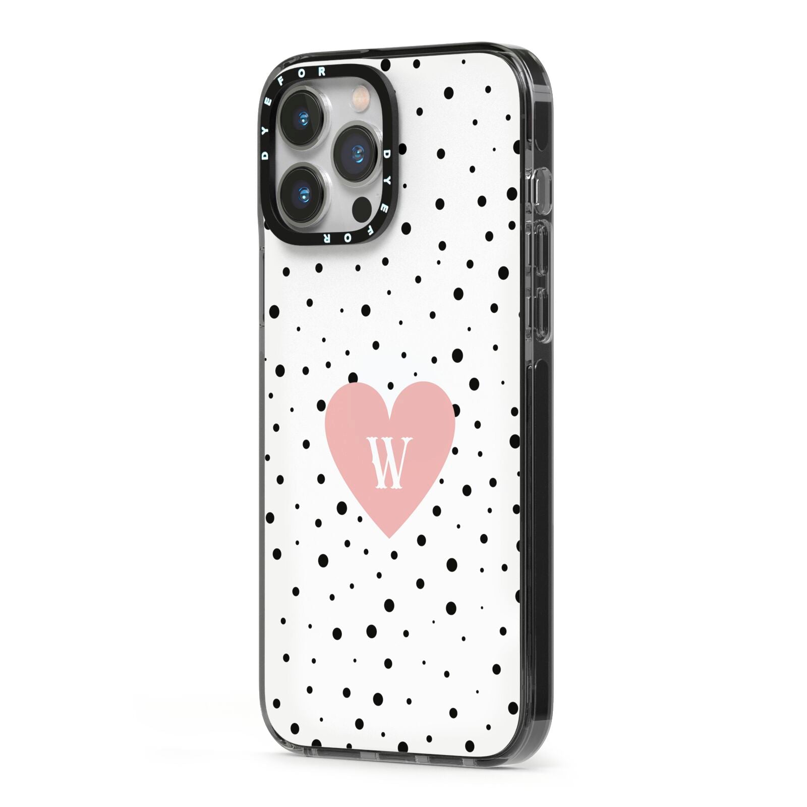 Dotted Pink Heart Personalised iPhone 13 Pro Max Black Impact Case Side Angle on Silver phone