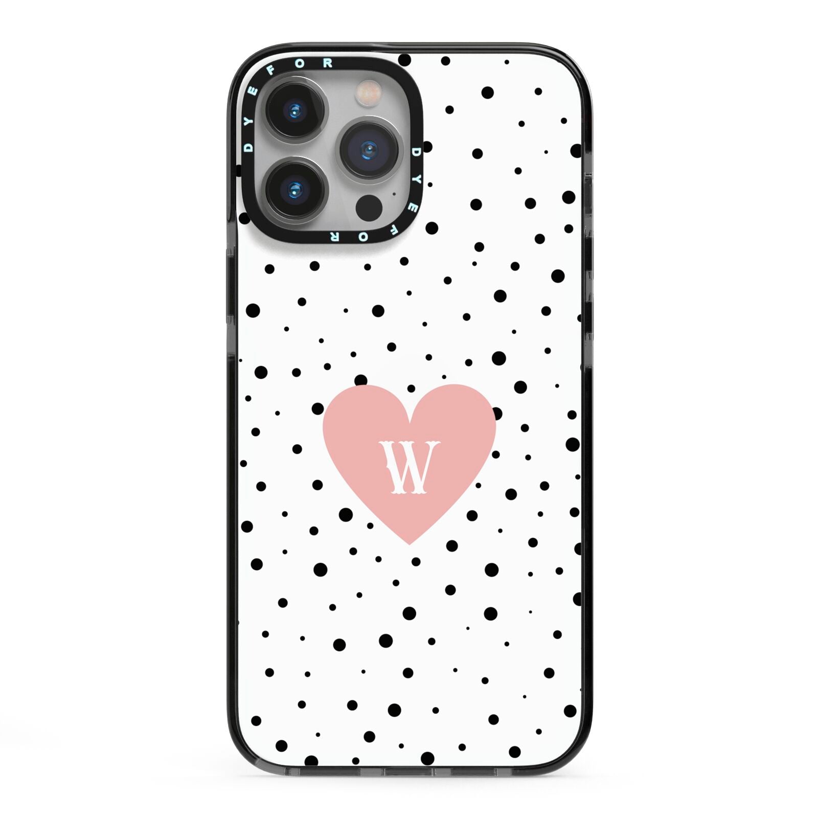 Dotted Pink Heart Personalised iPhone 13 Pro Max Black Impact Case on Silver phone
