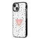 Dotted Pink Heart Personalised iPhone 14 Black Impact Case Side Angle on Silver phone