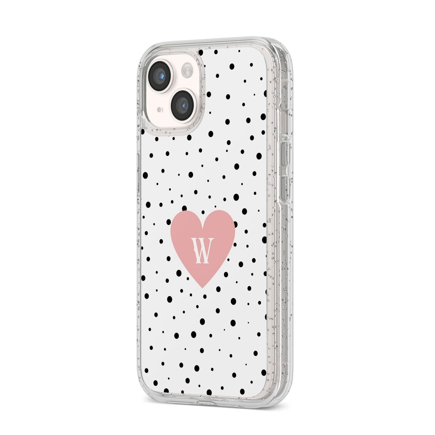 Dotted Pink Heart Personalised iPhone 14 Glitter Tough Case Starlight Angled Image