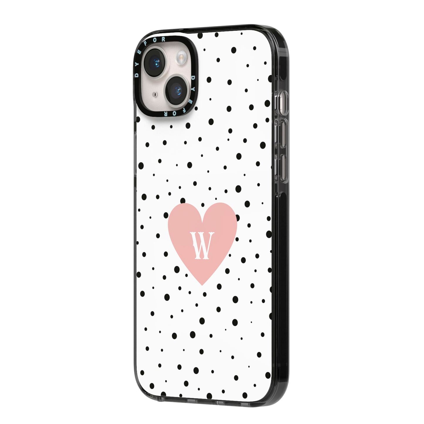 Dotted Pink Heart Personalised iPhone 14 Plus Black Impact Case Side Angle on Silver phone