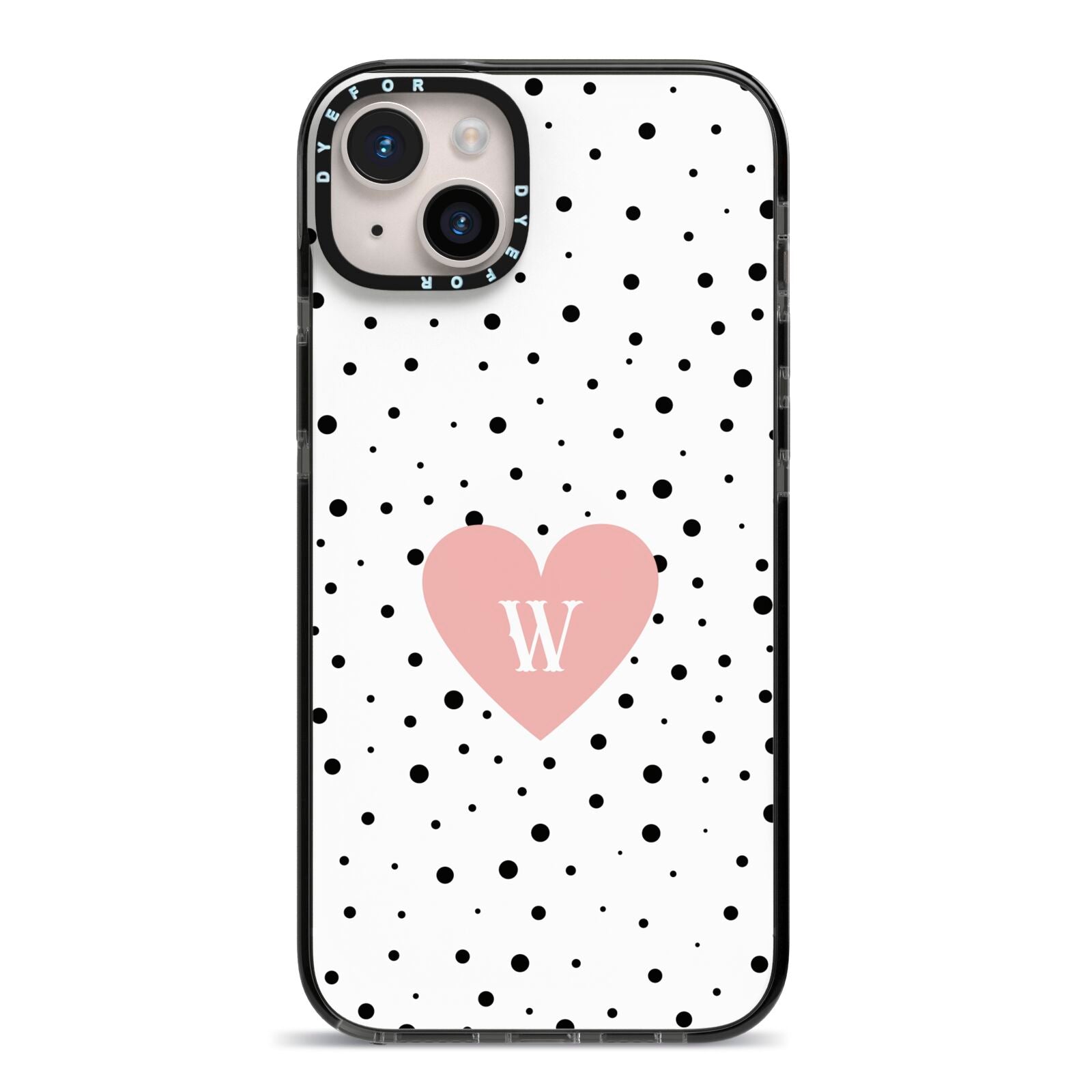 Dotted Pink Heart Personalised iPhone 14 Plus Black Impact Case on Silver phone