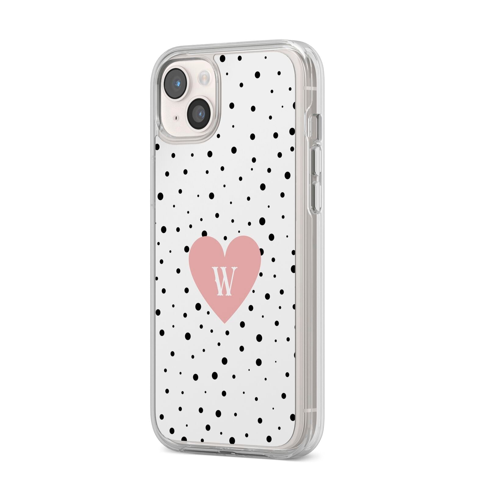 Dotted Pink Heart Personalised iPhone 14 Plus Clear Tough Case Starlight Angled Image