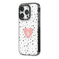 Dotted Pink Heart Personalised iPhone 14 Pro Black Impact Case Side Angle on Silver phone