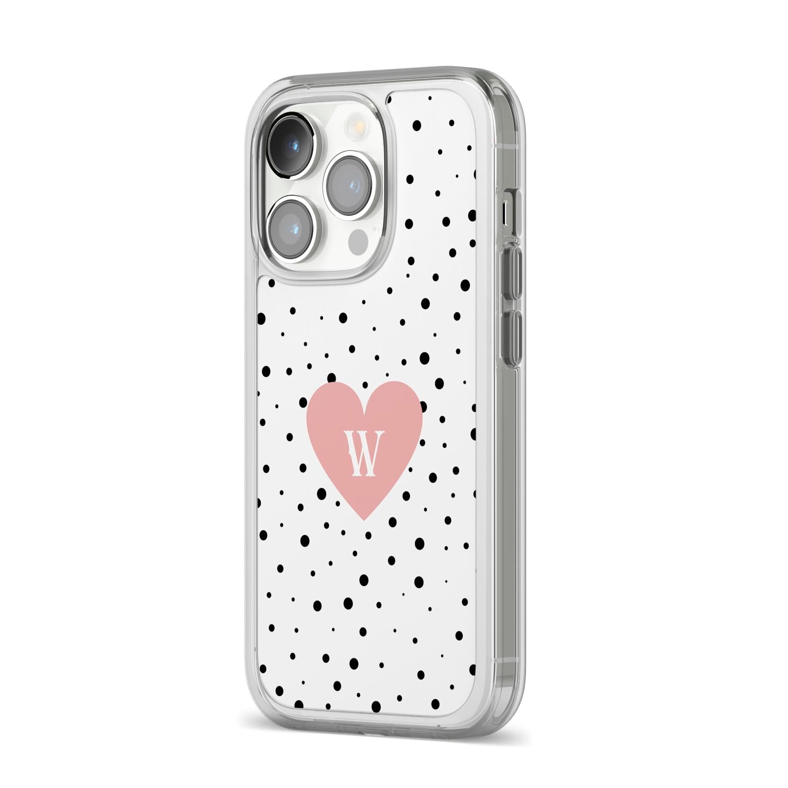 Dotted Pink Heart Personalised iPhone 14 Pro Clear Tough Case Silver Angled Image
