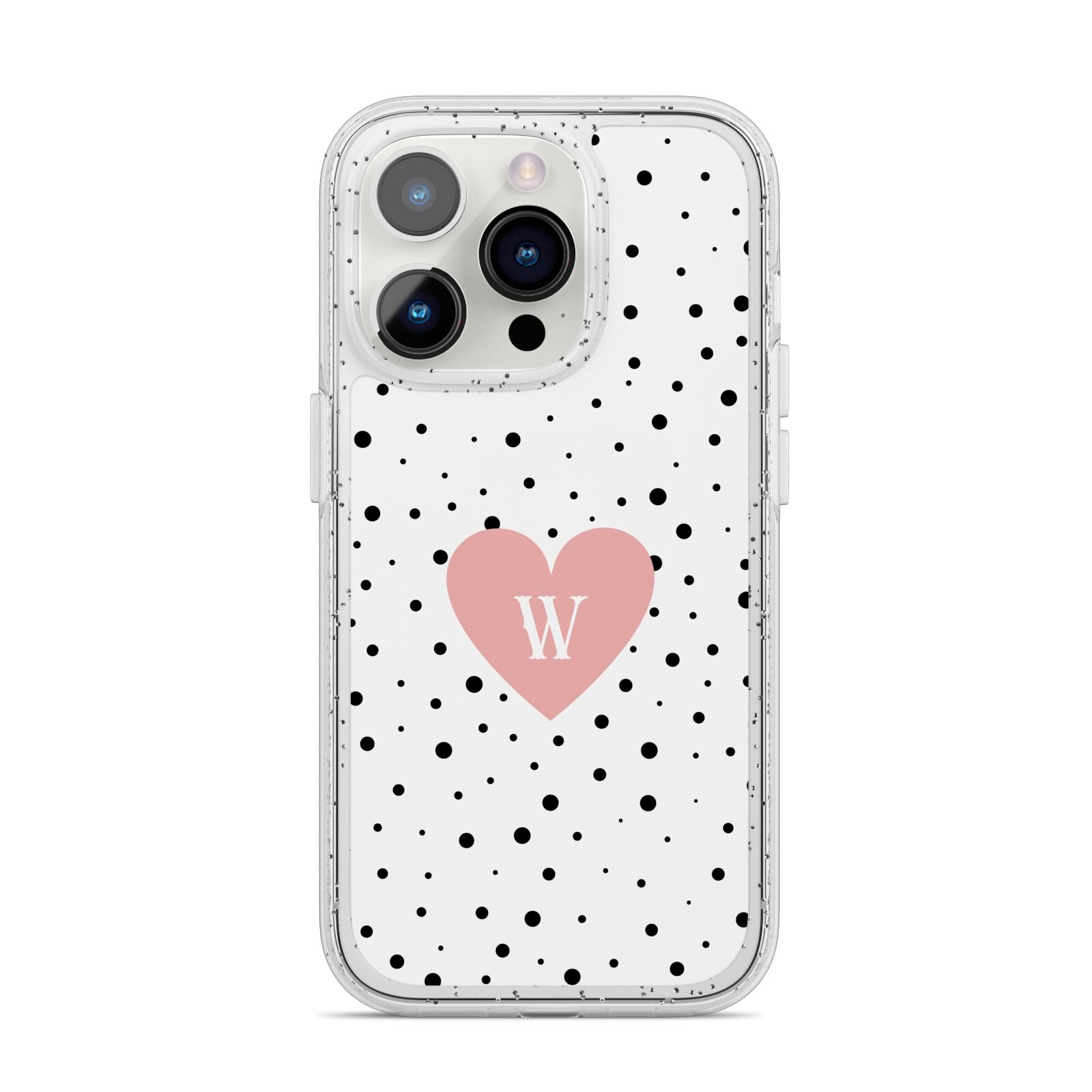 Dotted Pink Heart Personalised iPhone 14 Pro Glitter Tough Case Silver