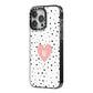Dotted Pink Heart Personalised iPhone 14 Pro Max Black Impact Case Side Angle on Silver phone