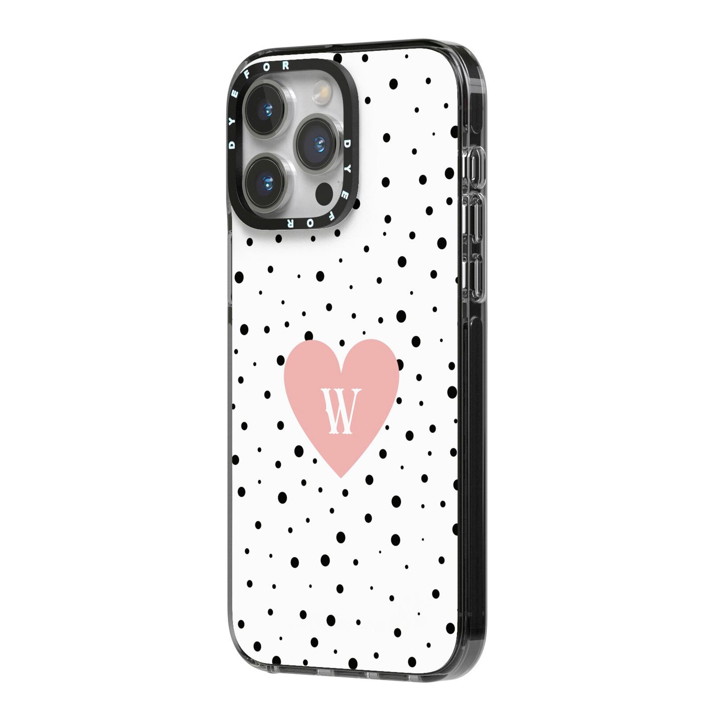 Dotted Pink Heart Personalised iPhone 14 Pro Max Black Impact Case Side Angle on Silver phone