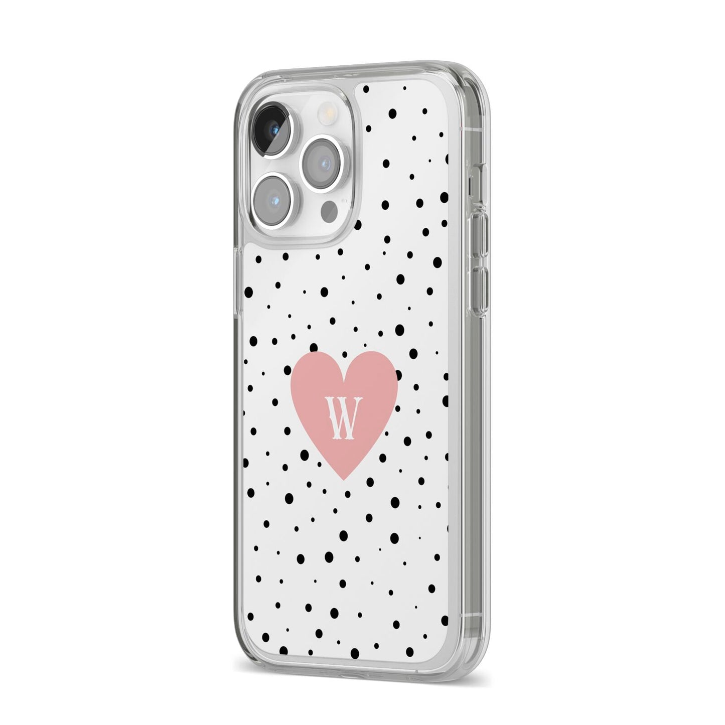 Dotted Pink Heart Personalised iPhone 14 Pro Max Clear Tough Case Silver Angled Image