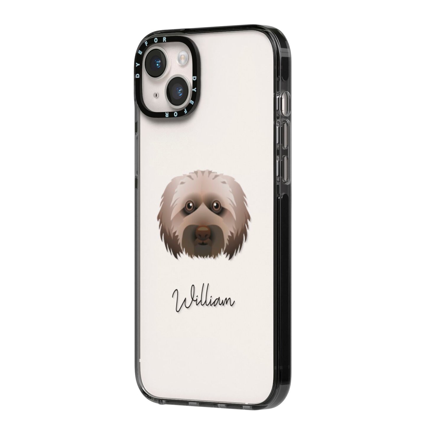 Doxiepoo Personalised iPhone 14 Plus Black Impact Case Side Angle on Silver phone