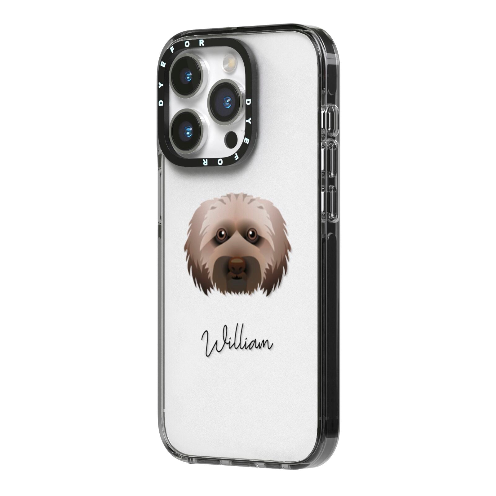 Doxiepoo Personalised iPhone 14 Pro Black Impact Case Side Angle on Silver phone