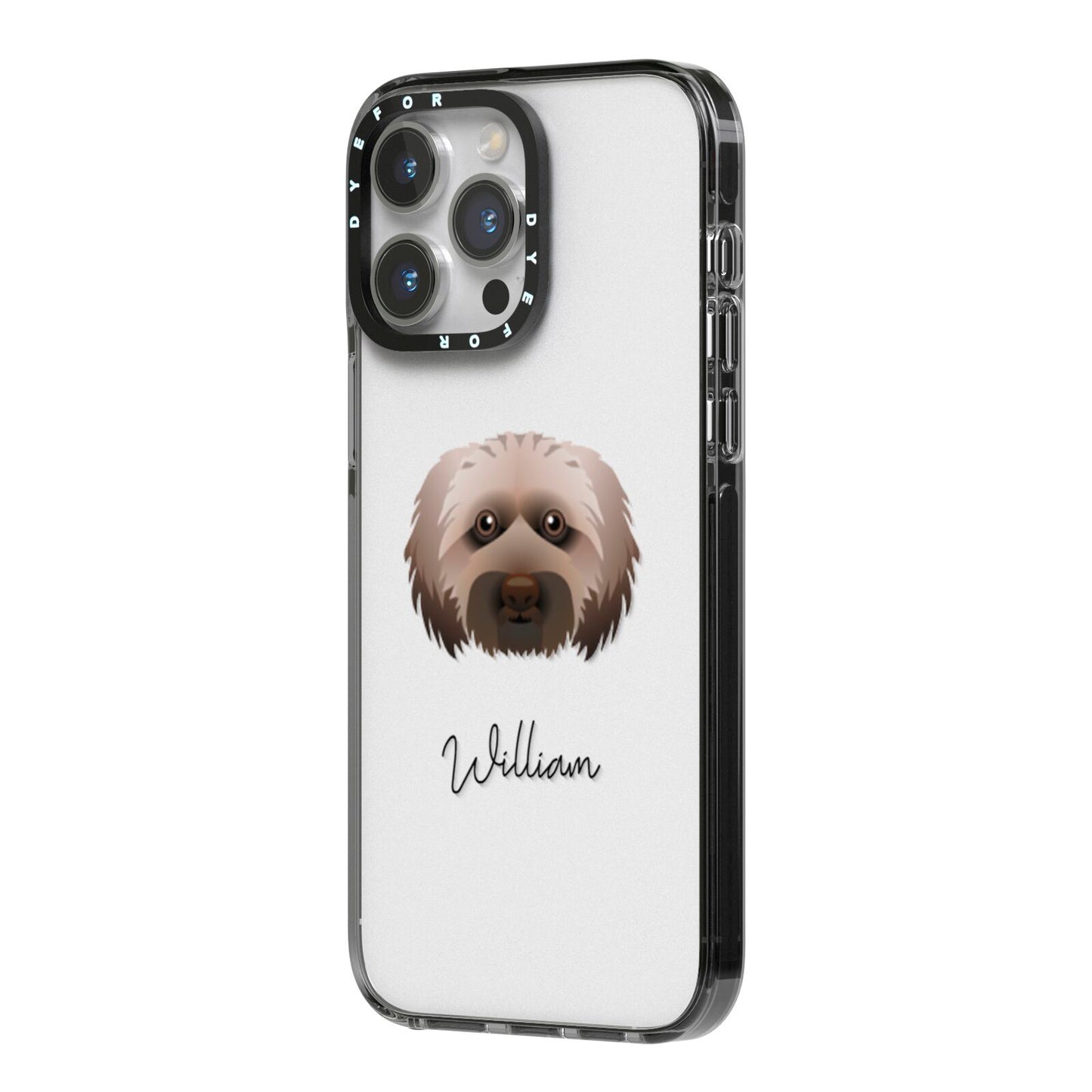 Doxiepoo Personalised iPhone 14 Pro Max Black Impact Case Side Angle on Silver phone