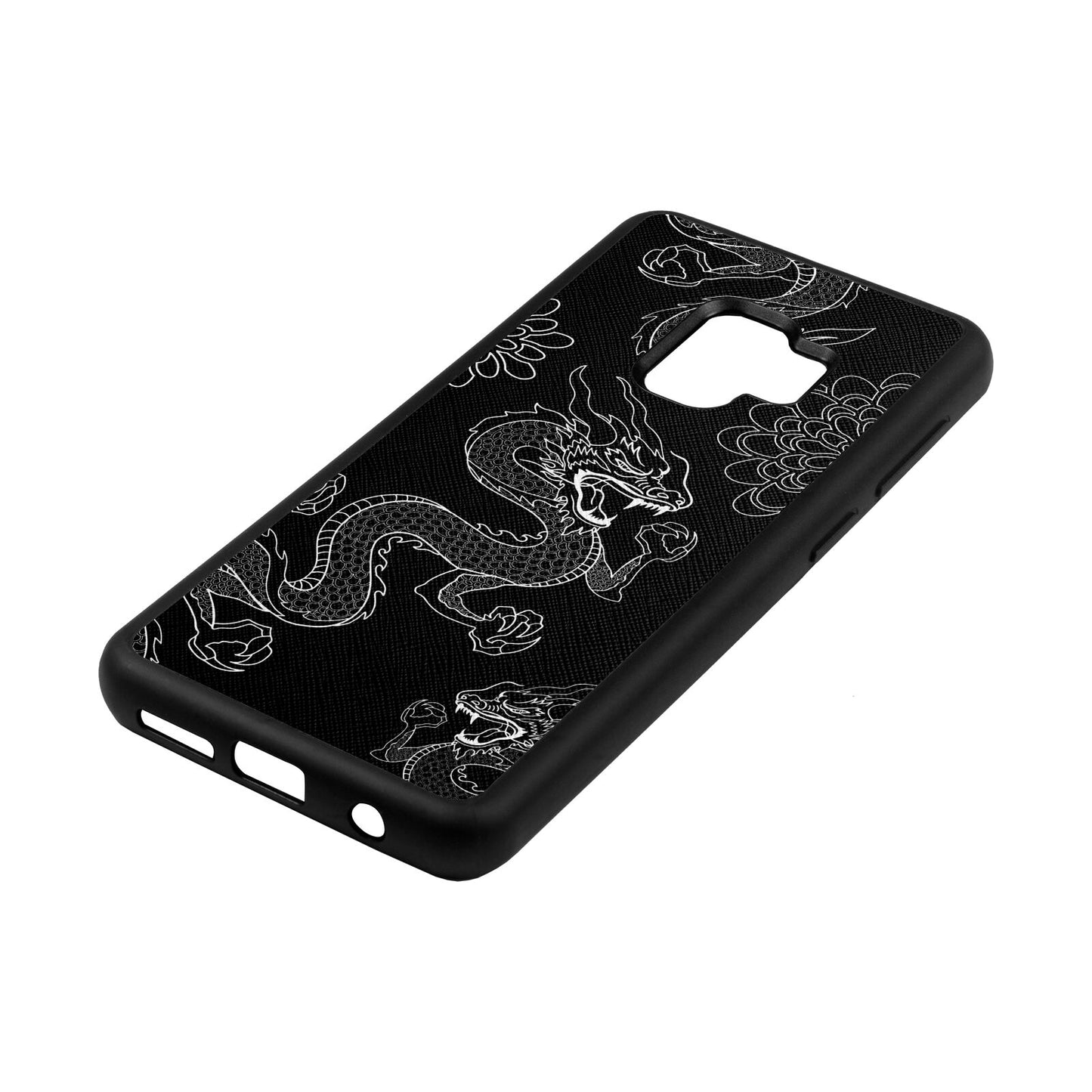 Dragons Black Saffiano Leather Samsung S9 Case Side Angle