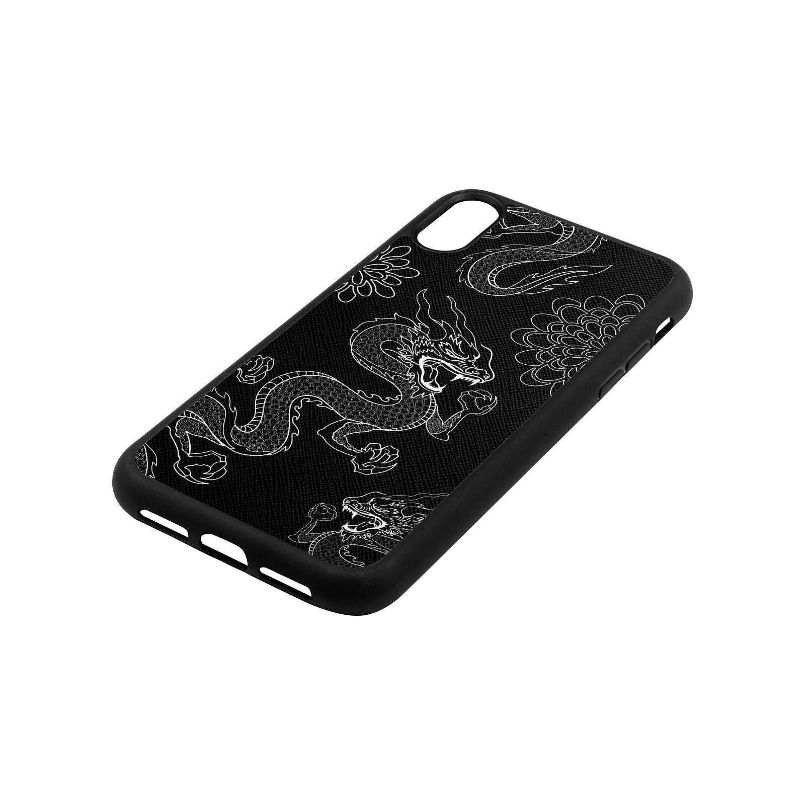 Dragons Black Saffiano Leather iPhone Xr Case Side Angle
