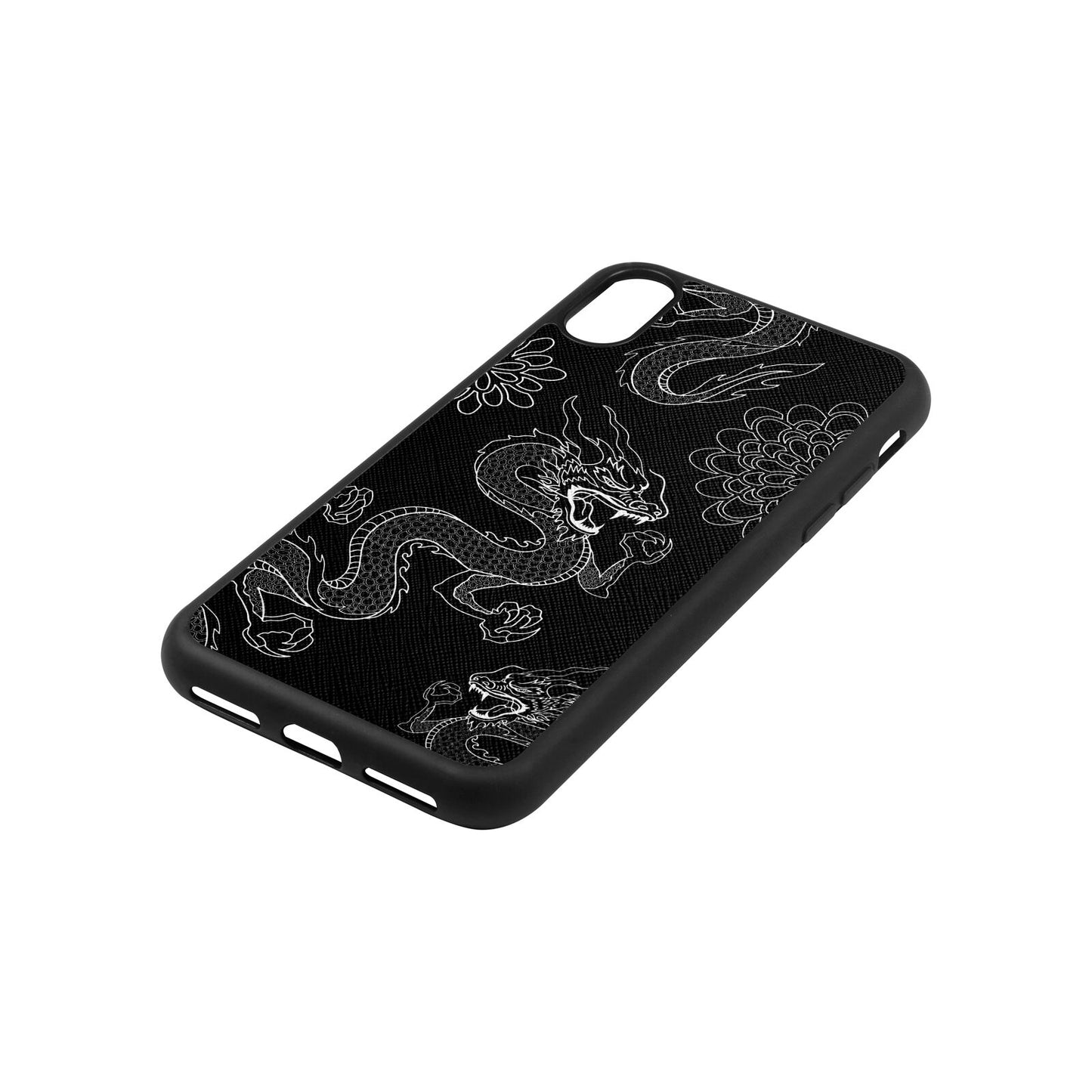 Dragons Black Saffiano Leather iPhone Xs Case Side Angle