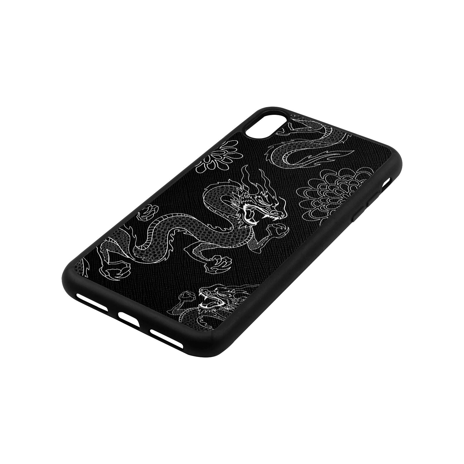 Dragons Black Saffiano Leather iPhone Xs Max Case Side Angle