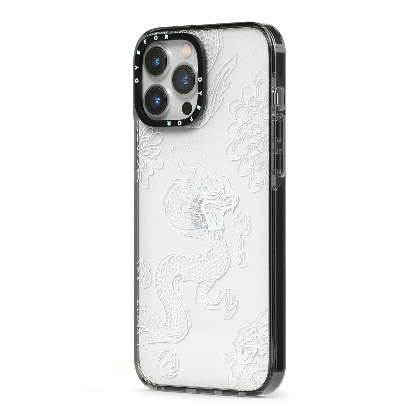 Dragons iPhone 13 Pro Max Black Impact Case Side Angle on Silver phone