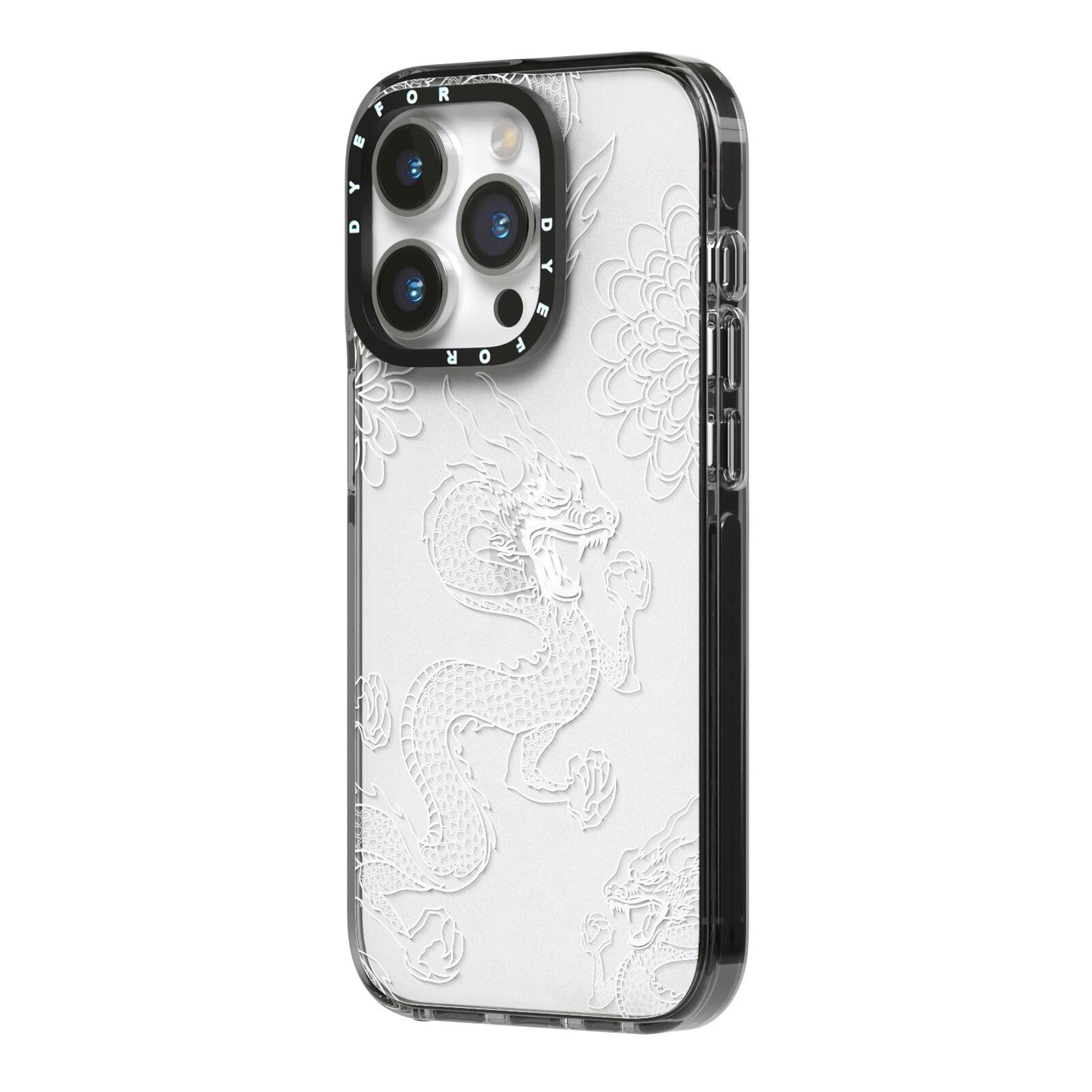 Dragons iPhone 14 Pro Black Impact Case Side Angle on Silver phone