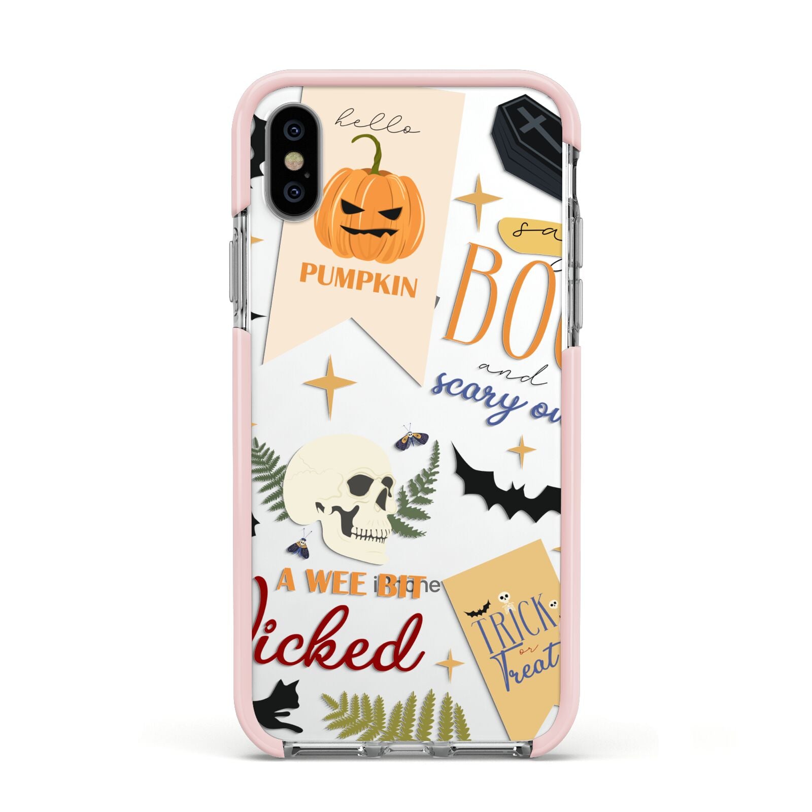 Dramatic Halloween Illustrations Apple iPhone Xs Impact Case Pink Edge on Silver Phone