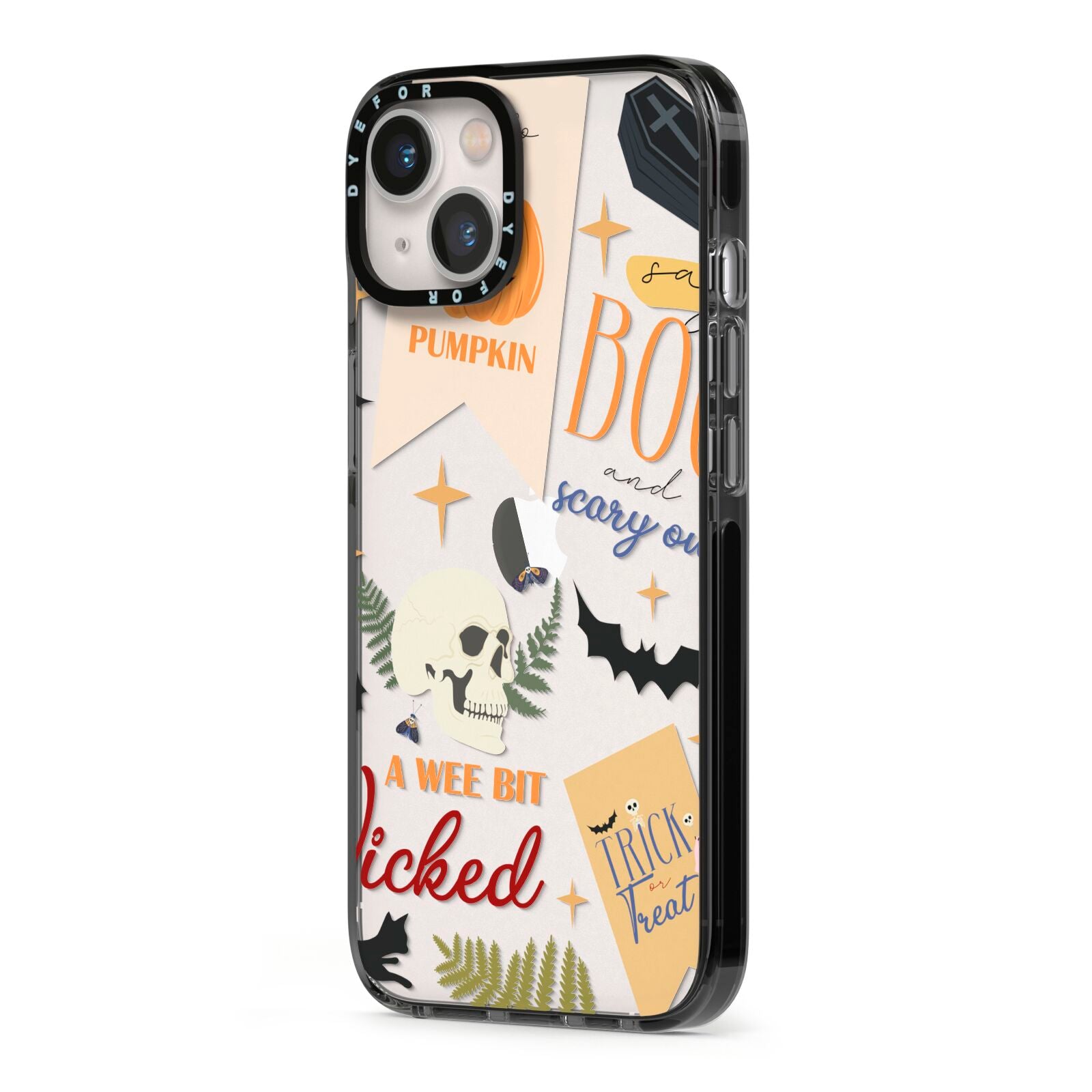Dramatic Halloween Illustrations iPhone 13 Black Impact Case Side Angle on Silver phone
