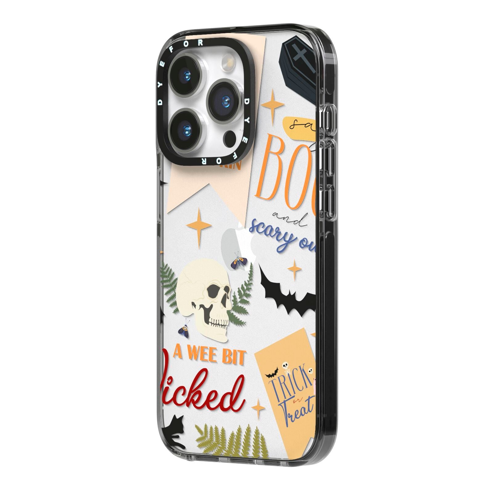 Dramatic Halloween Illustrations iPhone 14 Pro Black Impact Case Side Angle on Silver phone