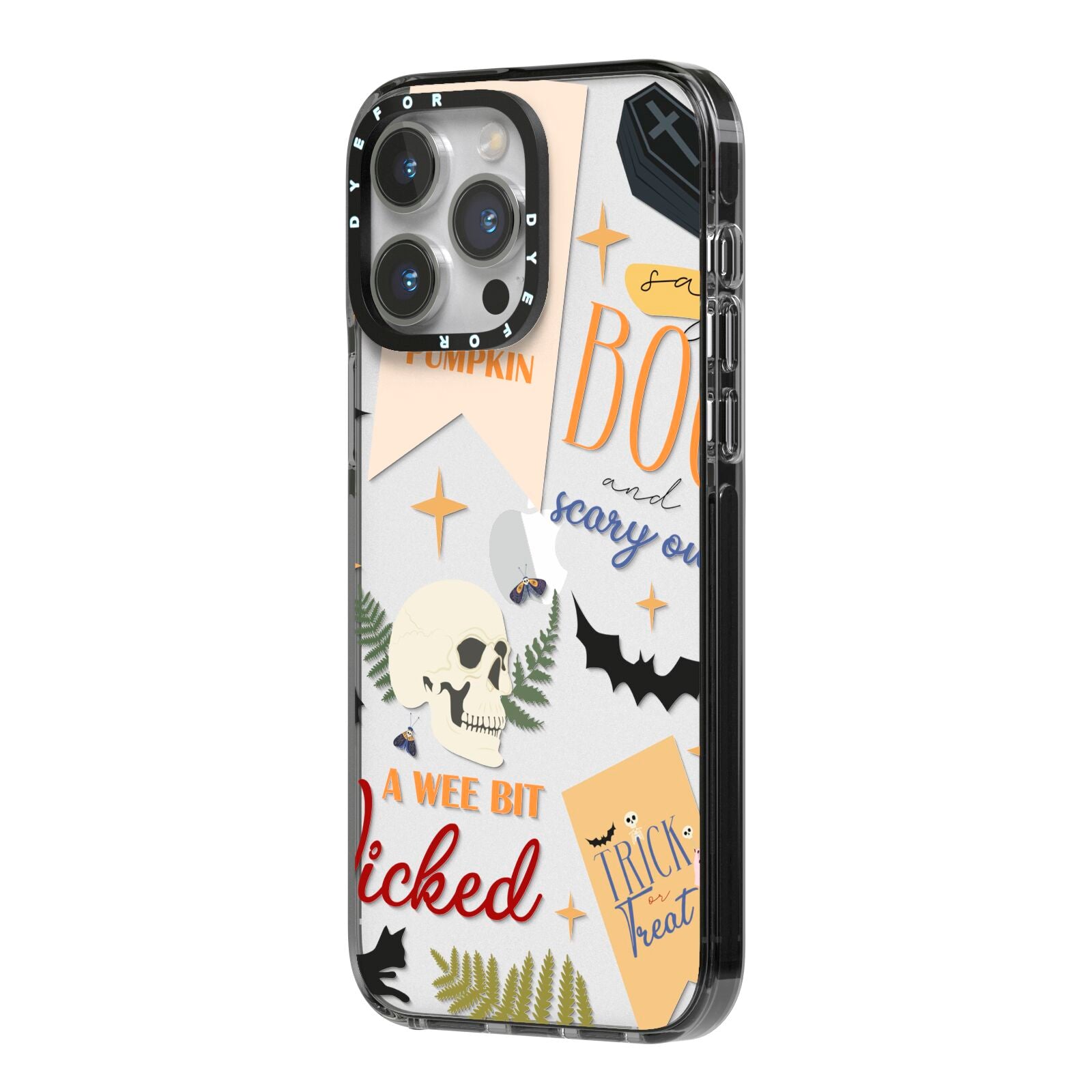 Dramatic Halloween Illustrations iPhone 14 Pro Max Black Impact Case Side Angle on Silver phone