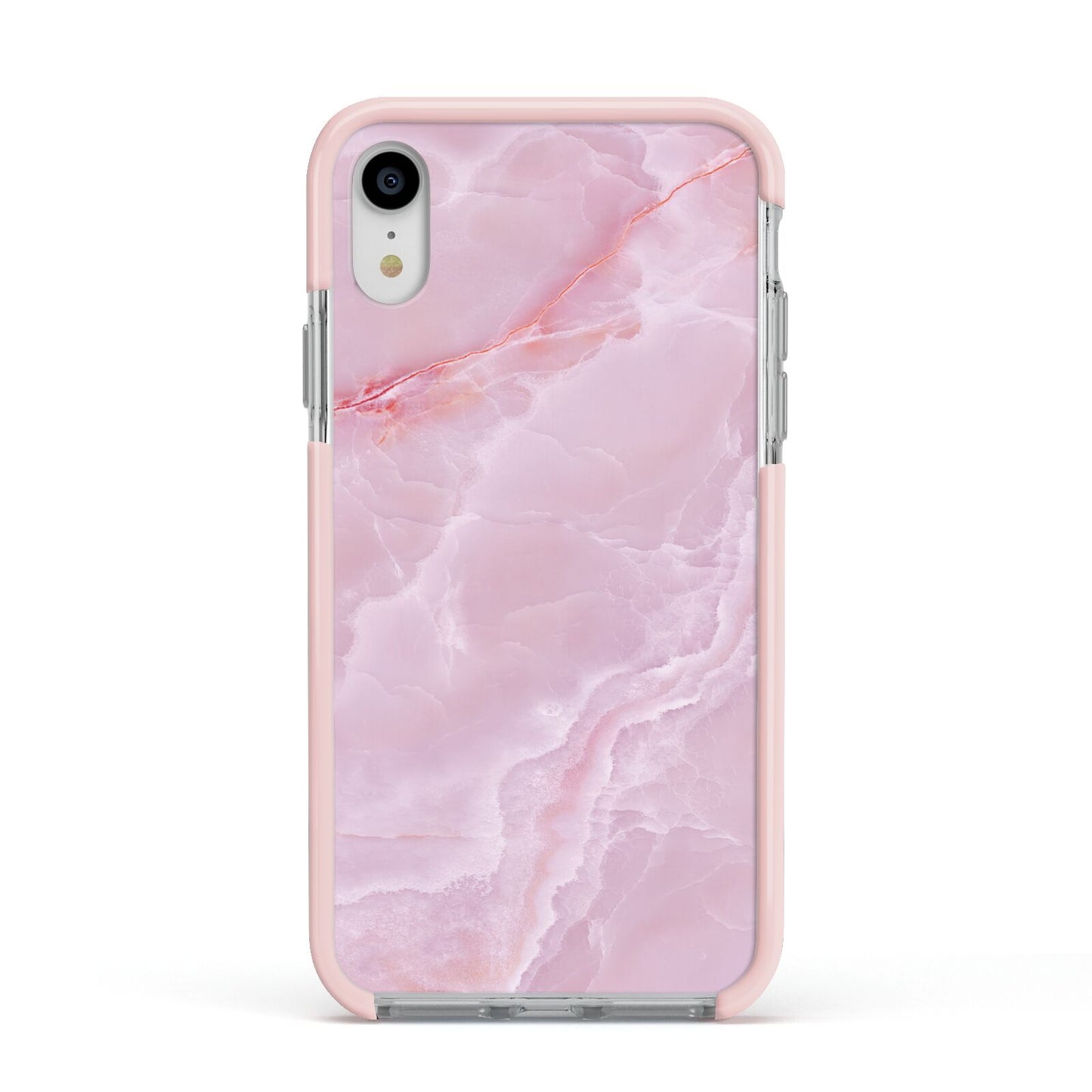 Dreamy Pink Marble Apple iPhone XR Impact Case Pink Edge on Silver Phone