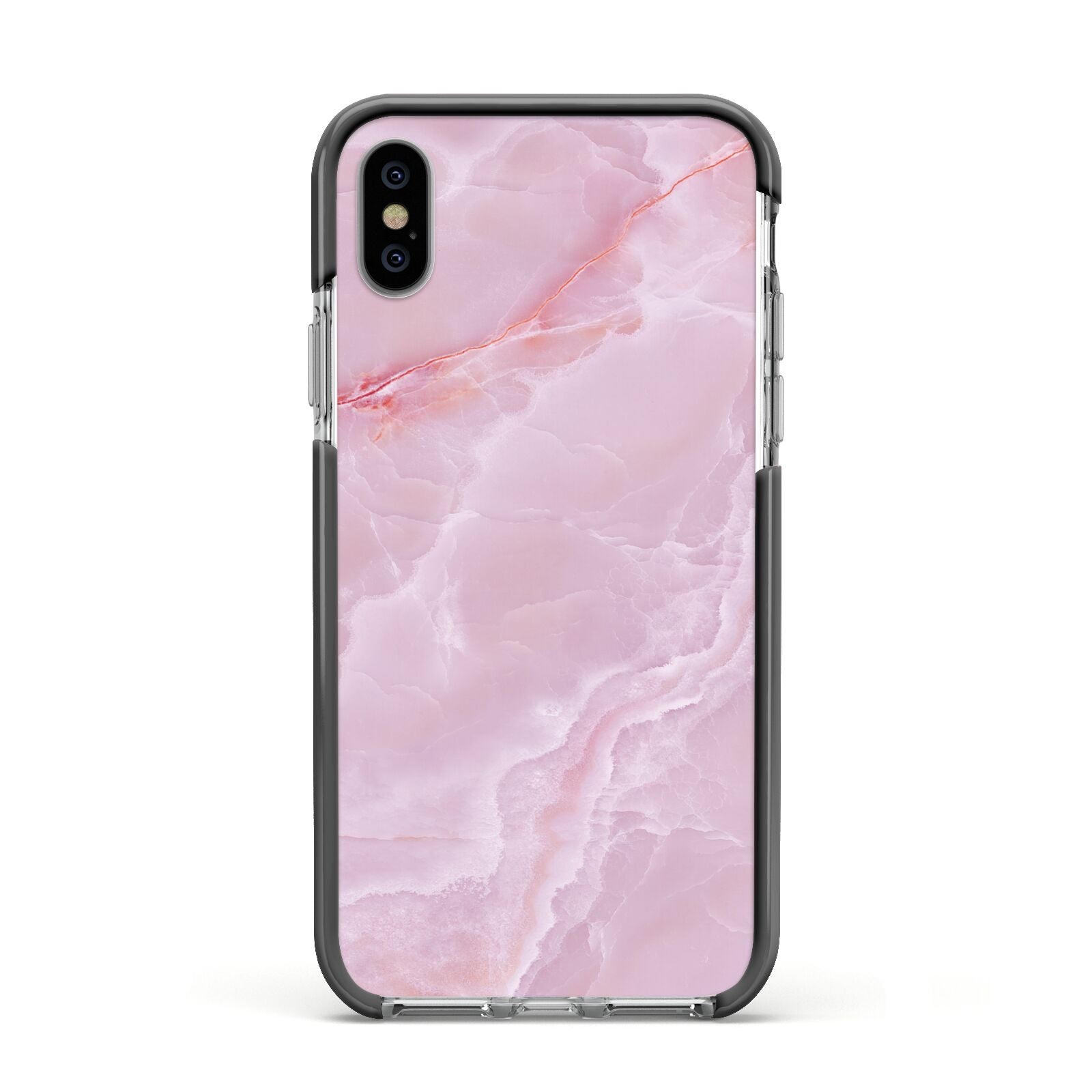 Dreamy Pink Marble Apple iPhone Xs Impact Case Black Edge on Silver Phone