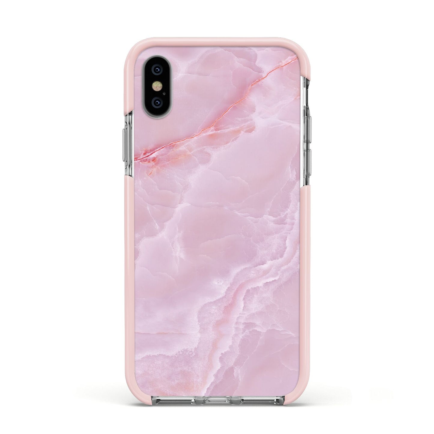 Dreamy Pink Marble Apple iPhone Xs Impact Case Pink Edge on Silver Phone