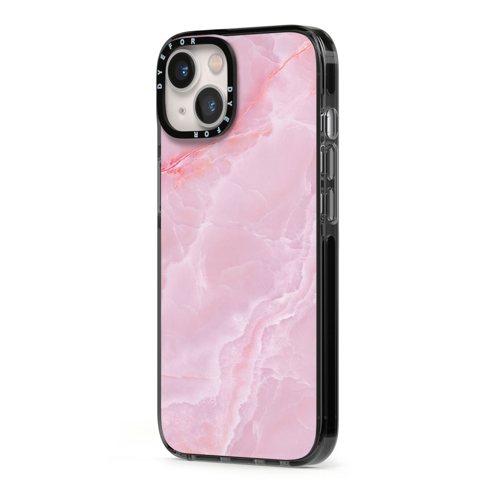 Dreamy Pink Marble iPhone 13 Black Impact Case Side Angle on Silver phone