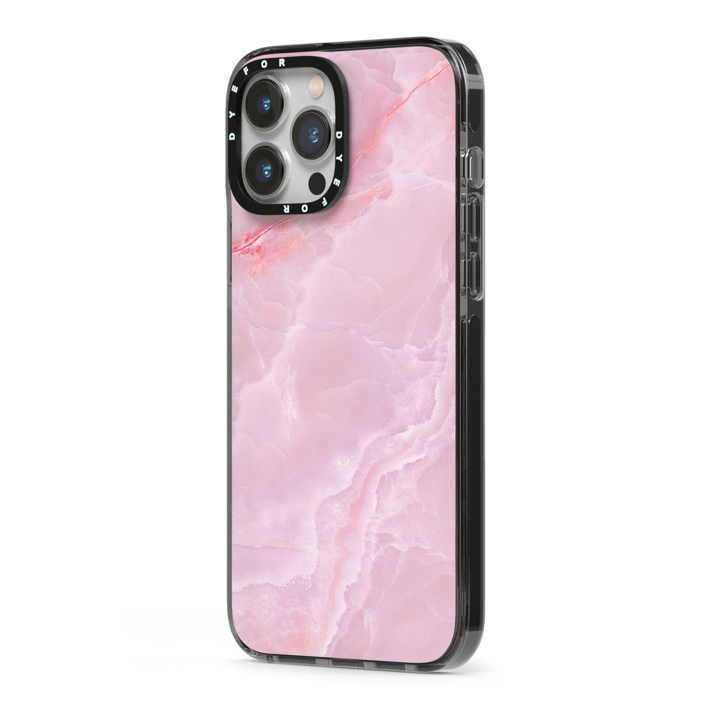 Dreamy Pink Marble iPhone 13 Pro Max Black Impact Case Side Angle on Silver phone