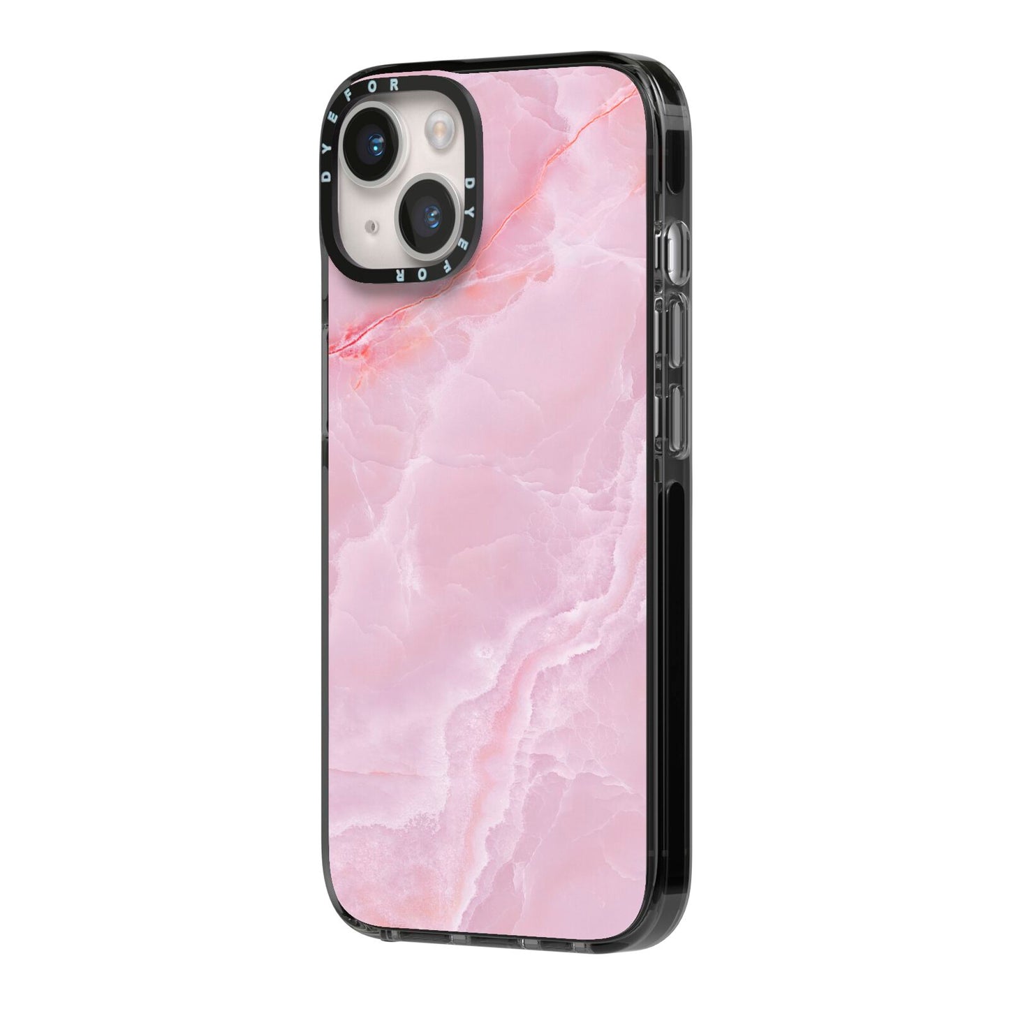 Dreamy Pink Marble iPhone 14 Black Impact Case Side Angle on Silver phone