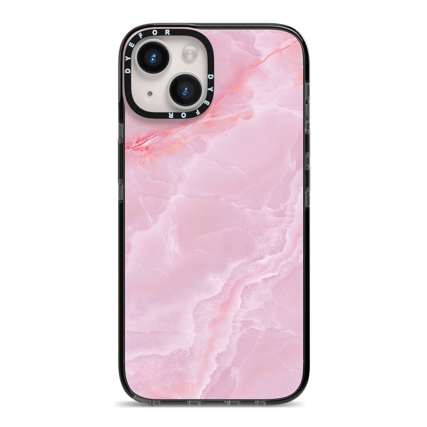 Dreamy Pink Marble iPhone 14 Black Impact Case on Silver phone