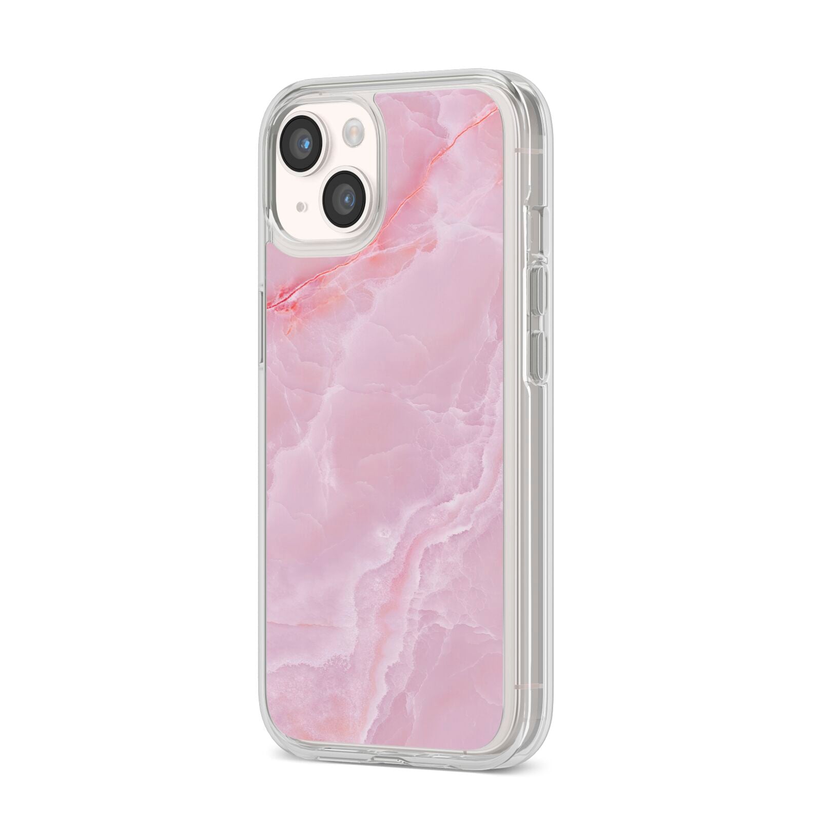 Dreamy Pink Marble iPhone 14 Clear Tough Case Starlight Angled Image