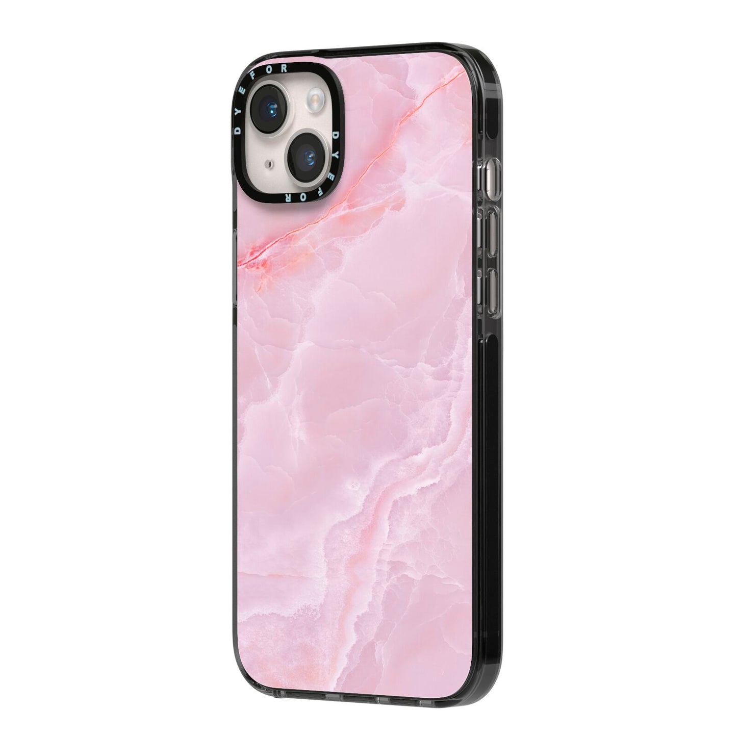 Dreamy Pink Marble iPhone 14 Plus Black Impact Case Side Angle on Silver phone