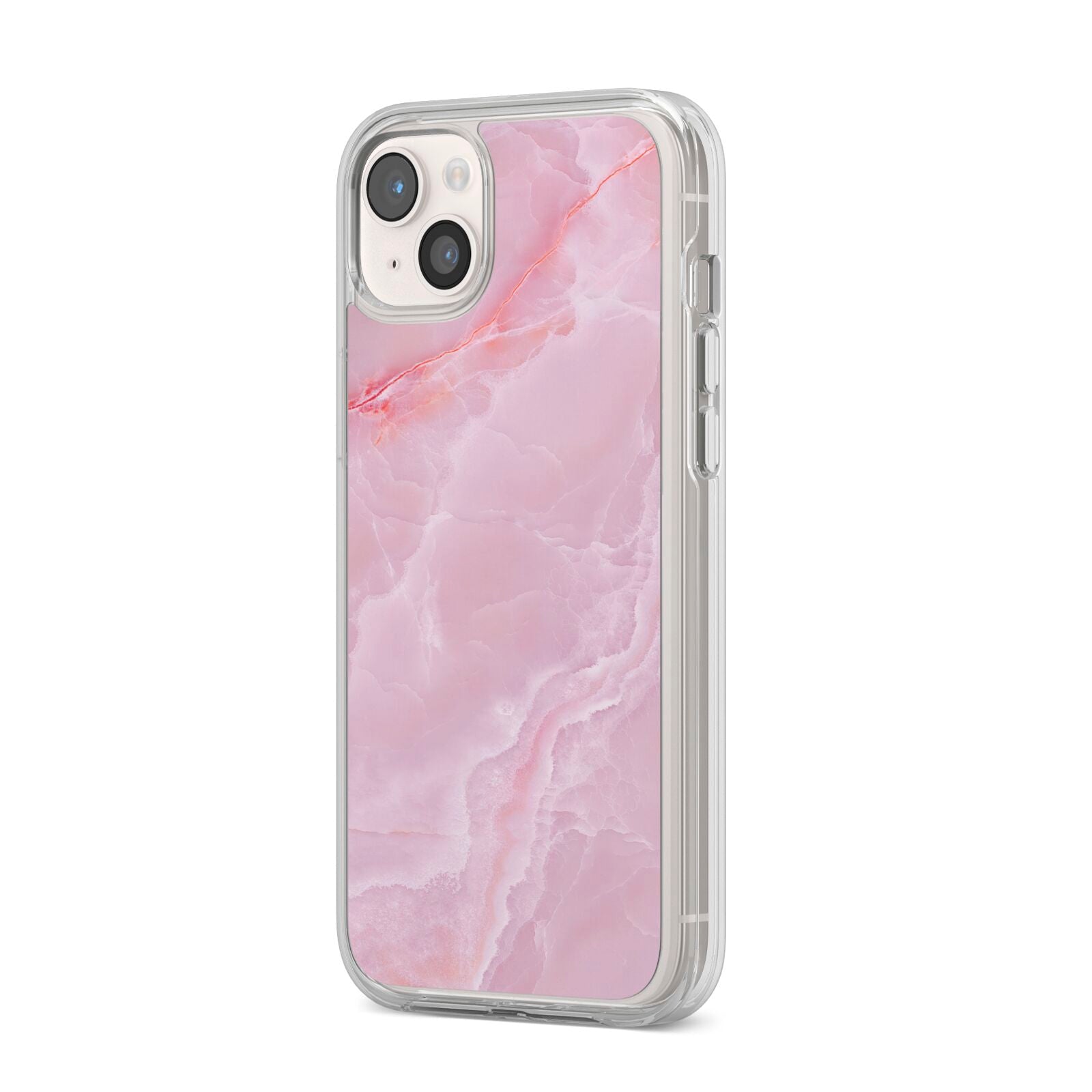 Dreamy Pink Marble iPhone 14 Plus Clear Tough Case Starlight Angled Image